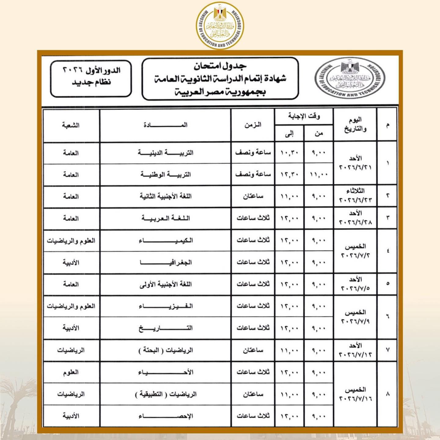 وزير التربية والتعليم يعتمد جدول امتحانات شهادة إتمام الثانوية العامة للدور الأول 2026